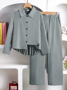 Left Mama Girls Casual Pleated Long Sleeve Shirt And Straight Leg Pants Set, Spring/Autumn - Grey - View 2