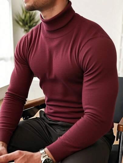 Pulover bărbătesc cu umeri normali, mânecă lungă, guler înalt, versatil pentru purtare zilnică, tricotat