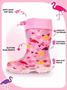 Girls Pink Flamingo Rain Boots With Drawstring, Waterproof Easy-On Boots For Outdoor Play - 粉色 - 查看 3