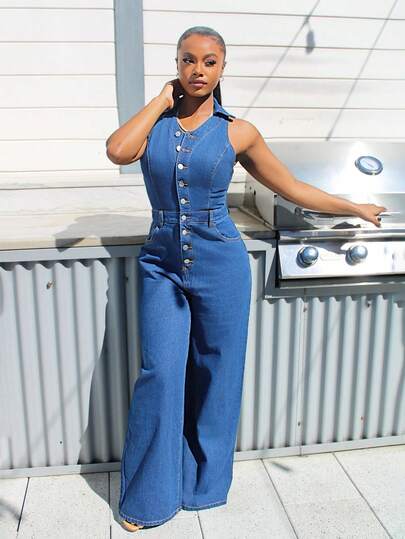 Steph T Bộ đồ liền thân denim không tay màu trơn dành cho nữ, kiểu dáng đơn giản