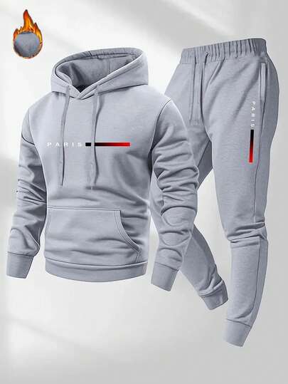 Men's Casual Cartoon Paris Letter Drawstring Pocket Hoodie And Sports Drawstring Trousers Matching Set 2pcs. Halloween, Thanksgiving Christmas And New Year Gifts