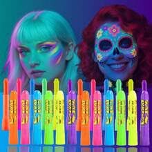 Glow In The Dark Body Paint 12 PCS Glow In The Dark Under UV Black Light Sticks Makeup Neon Face Painting Kits For Adult Halloween Festival Accessory Glow Party Supplies - 藍色綠色粉紅色黃色橙色紫色 - 查看 2