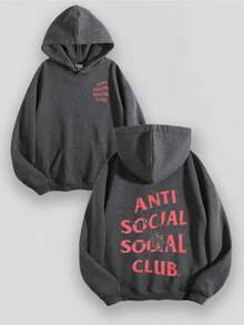 EWH Aged Washed Cotton Crew Neck 270g Double-Sided Printing Men's Hoodie With Soft And Breathable Fabric, Featuring The Red Text "ANTI SOClAL SOCIAL CLUB" Y2k,Soulja,Concert,Halloween,Gothic,Vintage,Streetwear Graphic,009-AB - 灰色 - 查看 1