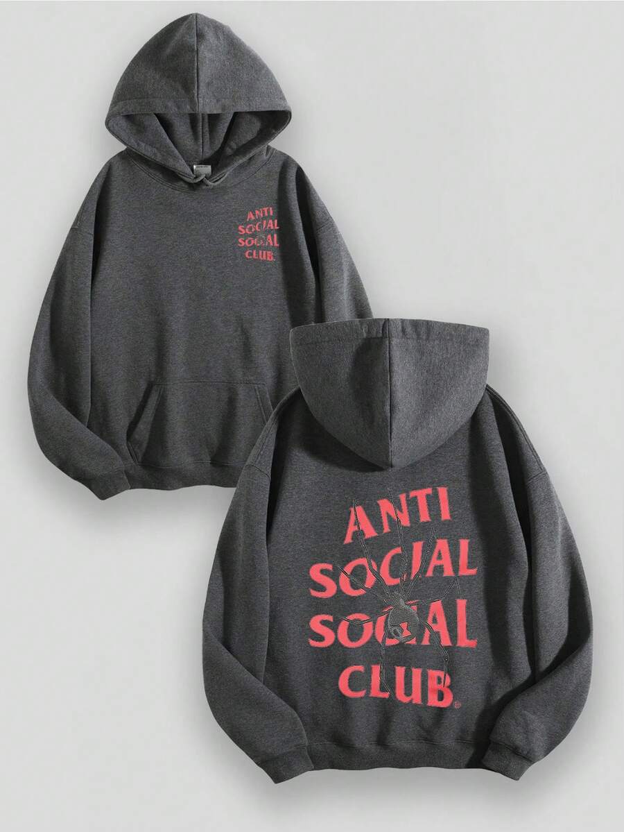 EWH Aged Washed Cotton Crew Neck 270g Double-Sided Printing Men's Hoodie With Soft And Breathable Fabric, Featuring The Red Text "ANTI SOClAL SOCIAL CLUB" Y2k,Soulja,Concert,Halloween,Gothic,Vintage,Streetwear Graphic,009-AB - 灰色 - 查看 1