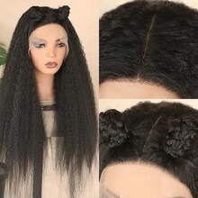 Peluca sintética elegante de color negro de 13X4 con encaje frontal para mujeres, resistente al calor, sin pegamento, de 26 pulgadas, 180% de densidad, cabello largo rizado y suave, con nudos decolorados previamente recortados para uso diario y fiestas