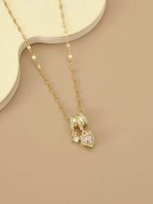 1 件时尚方晶锆石几何不锈钢女士项链，适合日常佩戴，饰有海星、贝壳、足迹、八瓣花、蝴蝶、莲花、八角星、向日葵、硬币徽章，金色珠宝，高品质镀金项链，女士黄金配饰，万圣节礼物，圣诞节礼物 - 愛心鋯石 - 查看 2