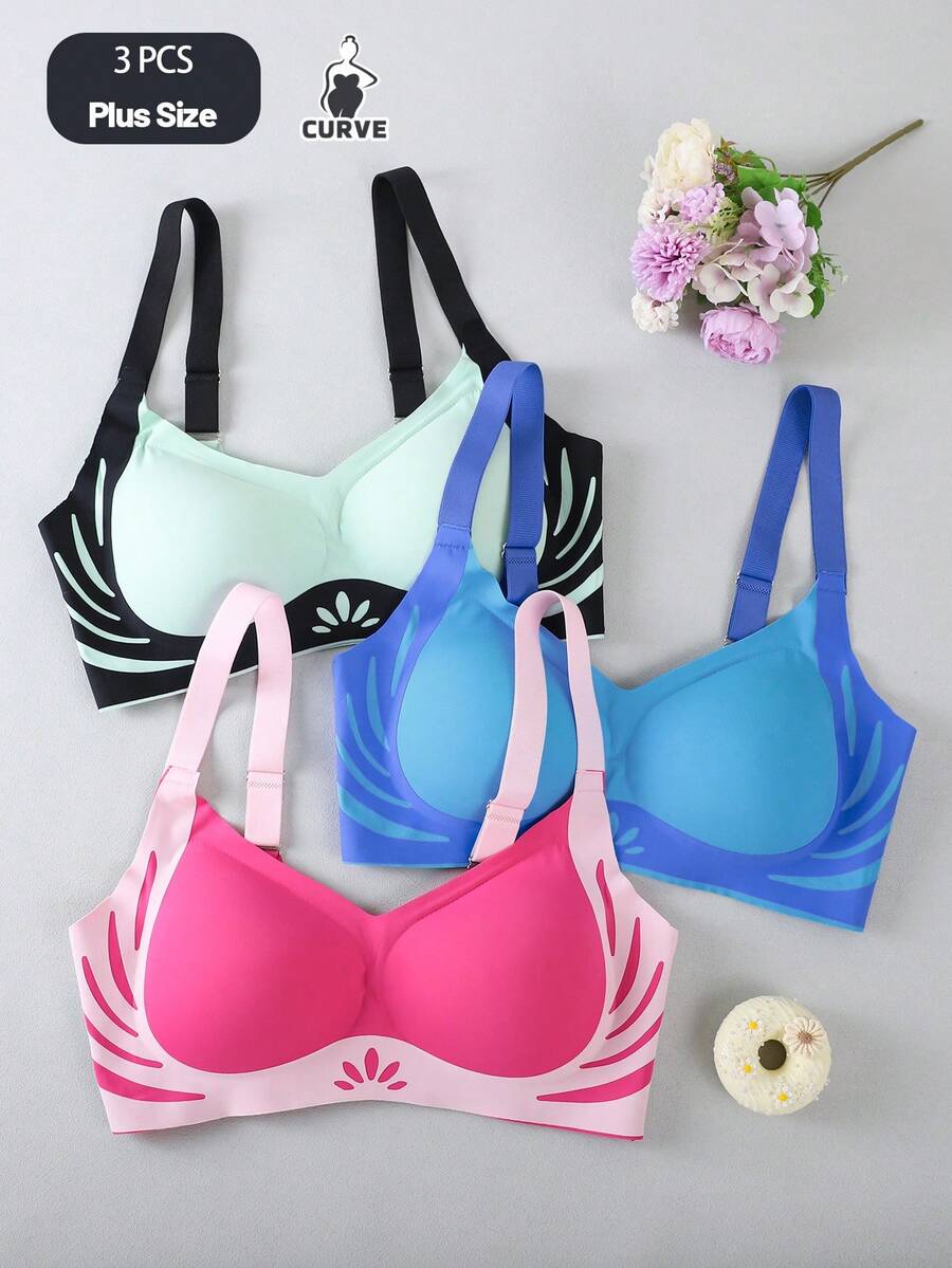3pcs Plus Size Women's Wireless Bras, Fashion Colorful Striped Floral Removable Padded Adjustable Strap Seamless Soft Support Lift Bras, Suitable For Casual Daily Wear, Backless Design, Enhance Bust Curve