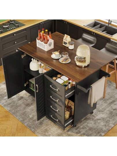 Kitchen Trolley Diagonally Gestreepte Cabinet Doors, Removable Towel Spice Rack, Adjustable Dividers, Sideboard, Tafel Top Wood Grain, Zwart
