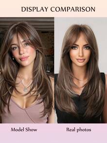22 Inch Brown Highlights Multi-Layered Wigs With See-Through Bangs Split Bangs Layered Elegant And Attractive Synthetic Wigs Parisian Chic New Signature Look Suitable For Daily Party Festival And Cosplay Wear Wig For Women Hairstyle - 挑染棕色 - 查看 2