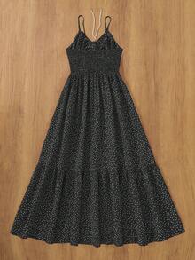 女士波点复古优雅梭织面料露背喇叭连衣裙，适合派对、晚宴约会、春季穿着 - 黑色 - 查看 2