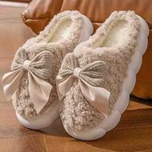 2pcs Women's Plush Lined Warm Slippers, Cute Bow Design, Memory Foam House Slippers, Thick Fluffy Indoor Slippers