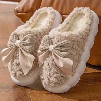 2pcs Women's Plush Lined Warm Slippers, Cute Bow Design, Memory Foam House Slippers, Thick Fluffy Indoor Slippers Insulation, Galentines, Puppy, Carnival