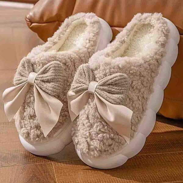 2pcs Women's Plush Lined Warm Slippers, Cute Bow Design, Memory Foam House Slippers, Thick Fluffy Indoor Slippers