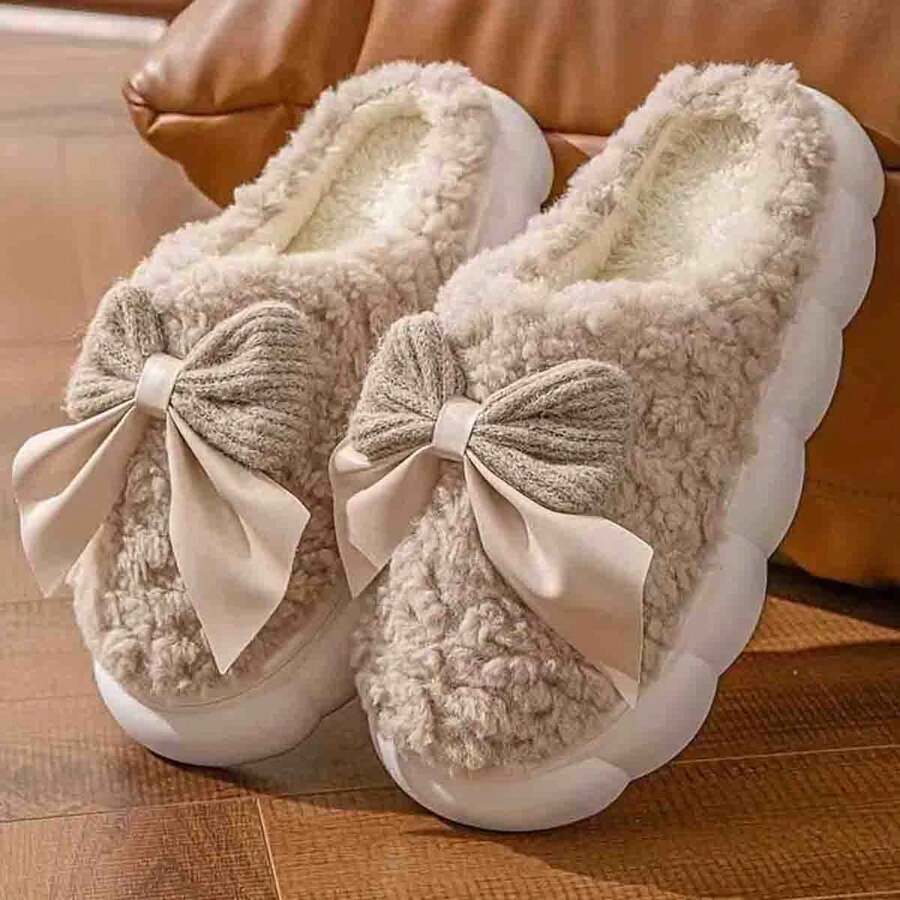 2pcs Women's Plush Lined Warm Slippers, Cute Bow Design, Memory Foam House Slippers, Thick Fluffy Indoor Slippers