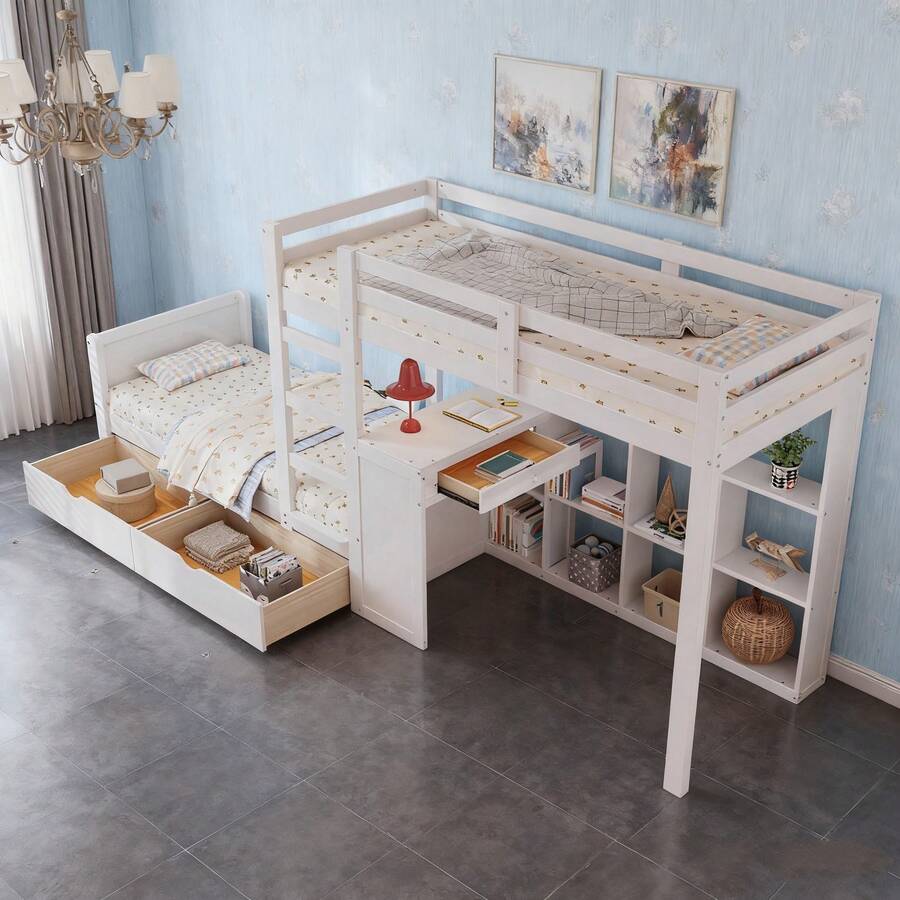 Łóżko piętrowe 90x200 cm w kolorze białym | Łóżko dziecięce z 3-stopniową drabinką | Stelaż sosnowy z 2 szufladami | Solidna rama z listew i otwarta półka | Konstrukcja z sosny i płyty MDF