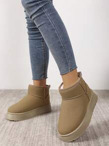 女士保暖百搭简约雪地靴，防滑短筒靴，秋冬季，毛绒靴 - 杏色 - 查看 3