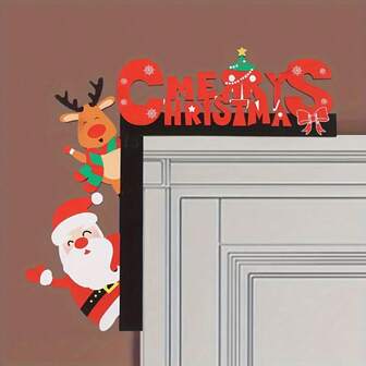 1pc Christmas Themed Door Decor, Red Artistic Text, Reindeer With Colorful Scarf, Peeking Santa Claus Design, Lively Holiday Vibe, Home Door Decoration, Suitable For Christmas Decor Enthusiasts