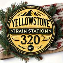 1pc 2D Flat Printing Vintage Train Station 320 Round Metal Plaque With Mountain Landscape, Vintage Style Wall Art Suitable For Club, Corridor, Bar, Cafe, Garage Decor, Metal Wall Art, Large Metal Wall Art, Bar Decor, Wall Decor, Nostalgic Design, Country Style Decor, Handmade Sign, Durable Metal, Decorative Plaque, Home Decor Enthusiasts, Vintage Collectors, Perfect For Room Decor, Random Hole Positions