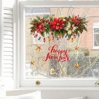 Christmas DIY Window Stickers - Poinsettia Holiday Decorations With Merry Christmas Text, Red Bows, Golden Stars Wall Bathroom Sticker- Removable Bathroom, Window, Wall Decor - Easy Application For Home, Office, Party Festive Decoration, Christmas Bathroom Decor,Christmas Decor