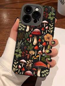 Funda de silicona líquida con patrón de hongo de manzana para teléfono móvil, protección de cuerpo completo, a prueba de golpes, anti-caída, funda de goma suave TPU adecuada para iPhone17/iPhone17 Air/iPhone17 Pro/iPhone17 Pro Max/16 Pro Max/15 Pro Max/14 Pro Max/13 Pro Max/12 Pro Max/11 Pro Max, compatible con la serie  Galaxy A54/A53/A52 (compatible con A52S)/A34(5G) A32(5G)/A14(5G)/A13 5G/A04S/S21/S21U/S22/S22U/S23/S23+/S23U y la serie S24 A15/A35(5G)/A55(5G)/A25(5G) Carcasa de teléfono con diseño impreso - Negro - Ver 1
