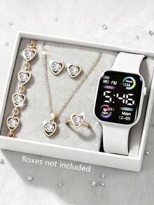 6/1pc Fashionable & Cute Teenage Digital LED Screen Watch & Jewelry Set, Necklace, Bracelet, Earrings, Ring, Gift For Friends, Suitable For Gatherings, Festivals, Parties, Valentine's Day, Christmas, Thanksgiving, Gift For Mom