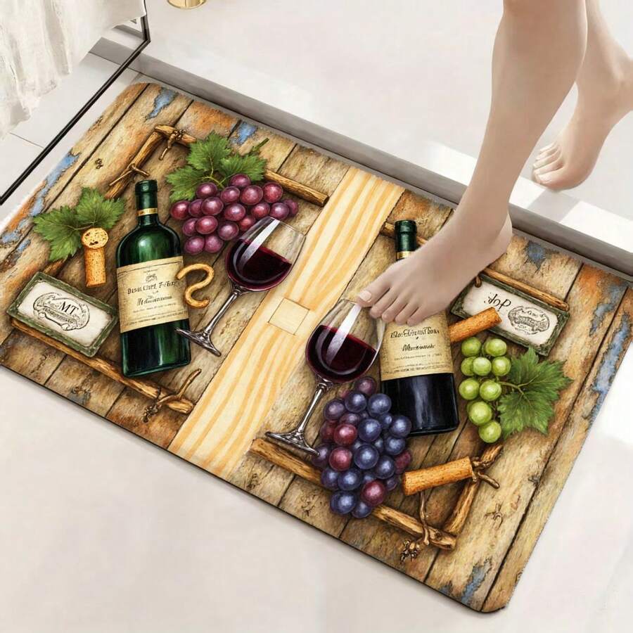 Rustic Wine-Themed Doormat With Wooden Plank Background, Green Wine Bottles, Red Wine Glasses, Grapes, Grape Leaves & Cork - Cozy Inviting Entrance Decor For Home, Ideal For Wine Lovers - 彩色 - 查看 1