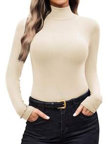 Women Turtleneck Long Sleeve Layer Tops Basic Ribbed Tees Soft Stretch Thermal Undershirts Lightweight Blouse, Fashionable 2025 Style CWSA - Beige - 查看 10