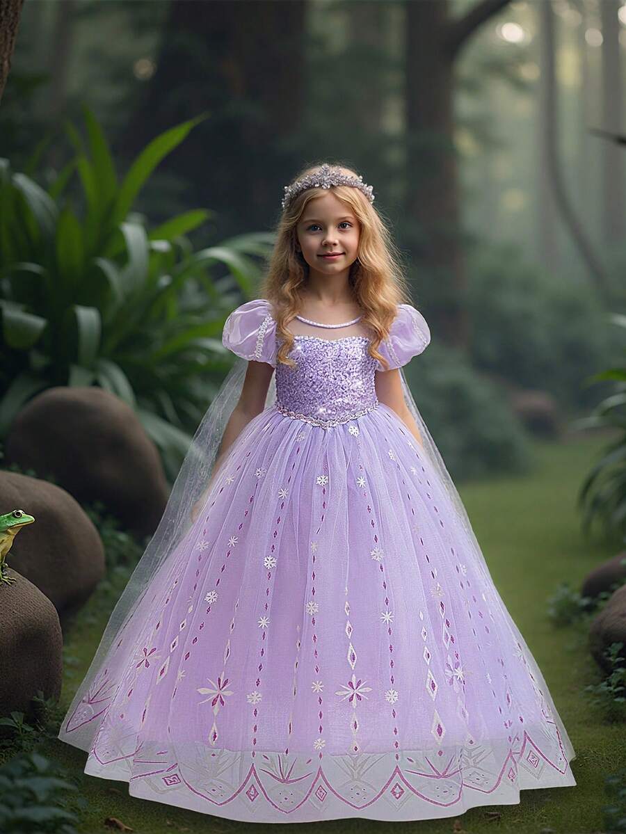Young Girls Sequin Snowflake School Stage Princess Dress, Suitable For Party, Banquet, Birthday, Includes Cape, Excludes Headband - Màu tím hoa cà - Xem 1