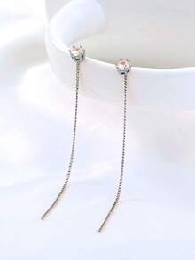 Nooxian 1 Pair Micro-Inlaid Zirconia Pendant Pierced Tassel Earrings - Silver - View 5