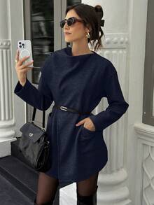 معطف صوفي للنساء للخريف/الشتاء مع وشاح/شال بطبعات زهور من الشيفون وجيب مخفي بأزرار - أزرق بحري - مشاهدة 3