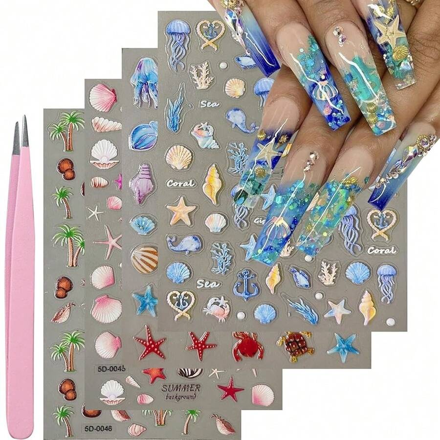 Summer Nail Art Stickers Decals Beach Style Nail Decals Self Adhesive 5D Shell Coconut Tree For Women Nails Design Decoraion 3D Beach Mails Stickers Supplies{Inchcolor_nameinch:InchColorful-19inch} - 多彩-19 - 查看 1