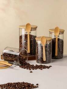 1pc Clear Food Storage Jar With Airtight Bamboo Lid & Spoon, Minimalist Coffee Canister For Beans, Tea, Sugar, Modern Kitchen Countertop Decor & Pantry Organization - Transparent - View 2