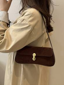 2025 Autumn/Winter New Vintage Fashion Suede Shoulder Bag. Featuring Metal Buckle, Flap Design, Lightweight And Minimalist. This Solid Color Soft Bag Is Suitable For Women's Daily Casual, Commuting, Work And Student Use. - Coffee - View 3