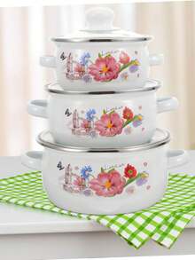 3pcs/Set Portable Multi-Function Mini Enamel Pot Set, Capacity 12cm/14cm/16cm, Non-Stick Cooking Pot, Suitable For Gas And Induction Cooktop, Kitchen Cookware, Outdoor Camping