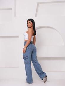 Wide Leg Cargo Jeans - Dusty Blue - View 5