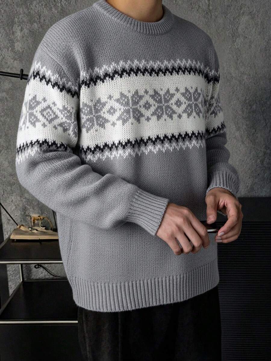 Men's Casual Versatile Plaid Jacquard Crew Neck Long Sleeve Knit Sweater, Korean Style, Suitable For Autumn And Winter - Grey - View 1