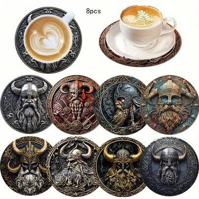 8 peças de pratos redondos de madeira com tema de guerreiro viking, feitos de madeira sintética, ideais para presentes de Natal e Dia dos Namorados. Este conjunto de acessórios de cozinha é perfeito para decoração de casa e utensílios de mesa festivos, adequado para mesas de centro, apartamentos e bares, acomodando xícaras e copos de cerveja.