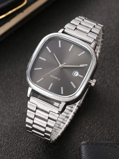 1pc Vintage Silver Steel Band Watch With Real Calendar, Elegant Quartz Watch For Men And Women, Suitable For Commuting