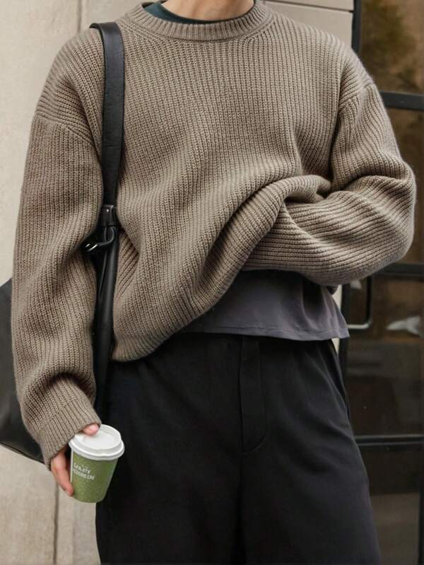 Suéter holgado de punto suelto con patrón texturizado, diseño casual y unisex de alta calle, jersey de cuello redondo minimalista, otoño/invierno