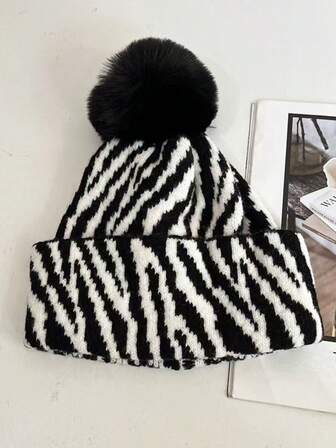 1pc Unisex Classic Animal Pattern Thick Knit Hat, Fashion Versatile Reversible Zebra Jacquard Pompom Ear Warmer Beanie, Suitable For Street, Cycling, Outdoor, Work, Daily Use In Autumn/Winter