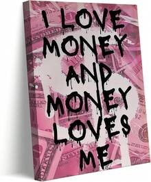 Arte de pared en lienzo con cita de dinero, rosa, funky, preppy, decoración de pared motivacional, imagen de Amo el dinero y el dinero me, póster impreso para dormitorio, oficina, sala de estar, decoración del hogar, listo para colgar - transparente - Ver 2
