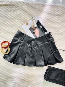 Y2K 春夏低腰双 V 腰褶皱 PU 皮革安全裤黑色迷你裙前卫街头节日服饰 - 黑色 - 查看 4