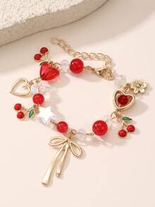 1 pieza Pulsera de niña con cuentas de cereza, fresa, corazón, estrella y lazo, adecuada para decoración diaria - Rojo - Ver 3