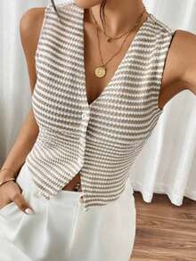 1 Stück Damen Herbst/Winter Ärmellose Weste mit V-Ausschnitt und Knopfleiste, gestreift