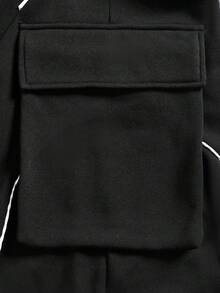 Men's Black Cargo Pants With White Stripes, Loose Fit Casual Trousers - Black - View 6