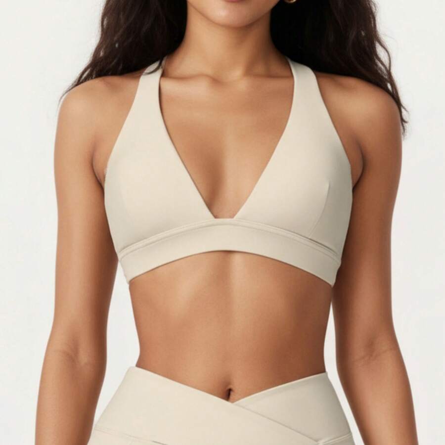 Women's V-Neck Halter Sports Bra With Wide Band And Supportive Stretch Fit - 米色 - 查看 1