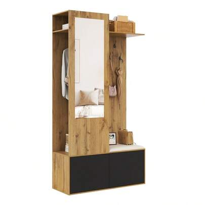The Wardrobe Set Includes 5 Coat Hooks, A Mirror, A Shoe Rack, A Top Shelf With A Hidden Hanging Area, And A Dressing Bench For The Hallway.