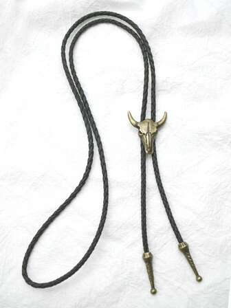 Vintage Western Bolo Tie For 1pc Men & Women, Black Leather Cord With Bullhead Tip, Adjustable Necklace For Casual Or Formal Wear