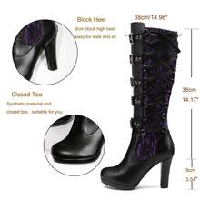 Goth Knee High Boots For Women Y2K Lace Buckle Block Heel Lace Up Knee Length Boots Round Toe High Heel Platform Cosplay Party Halloween Punk Boots - Màu tím - Xem 3