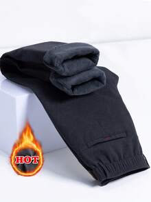 Men's Elastic Waist Slant Pocket Thermal Lined Warm Casual Pants, Autumn/Winter